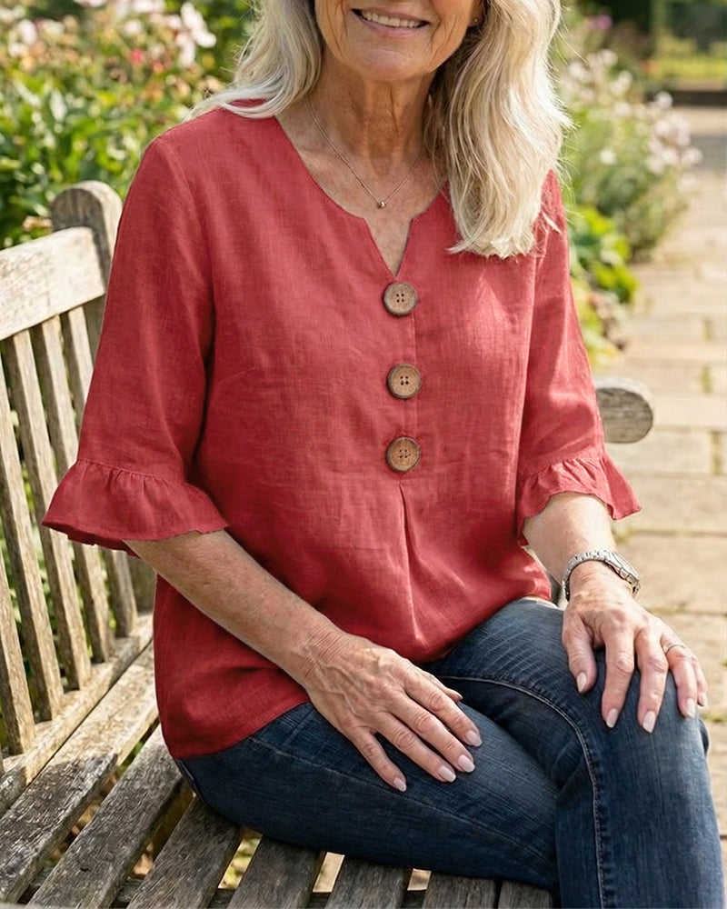 Sophia Solid Cotton-Linen Blouse with Wooden Buttons and Ruffle
