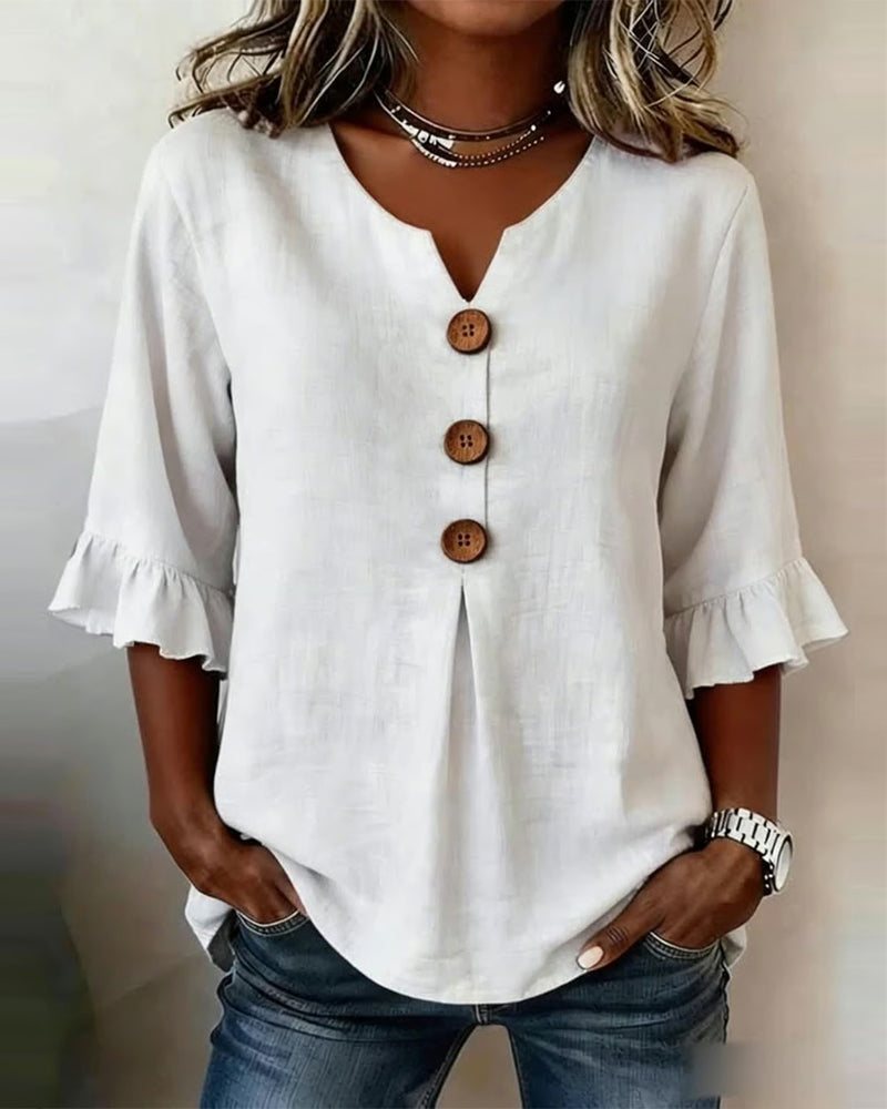 Sophia Solid Cotton-Linen Blouse with Wooden Buttons and Ruffle