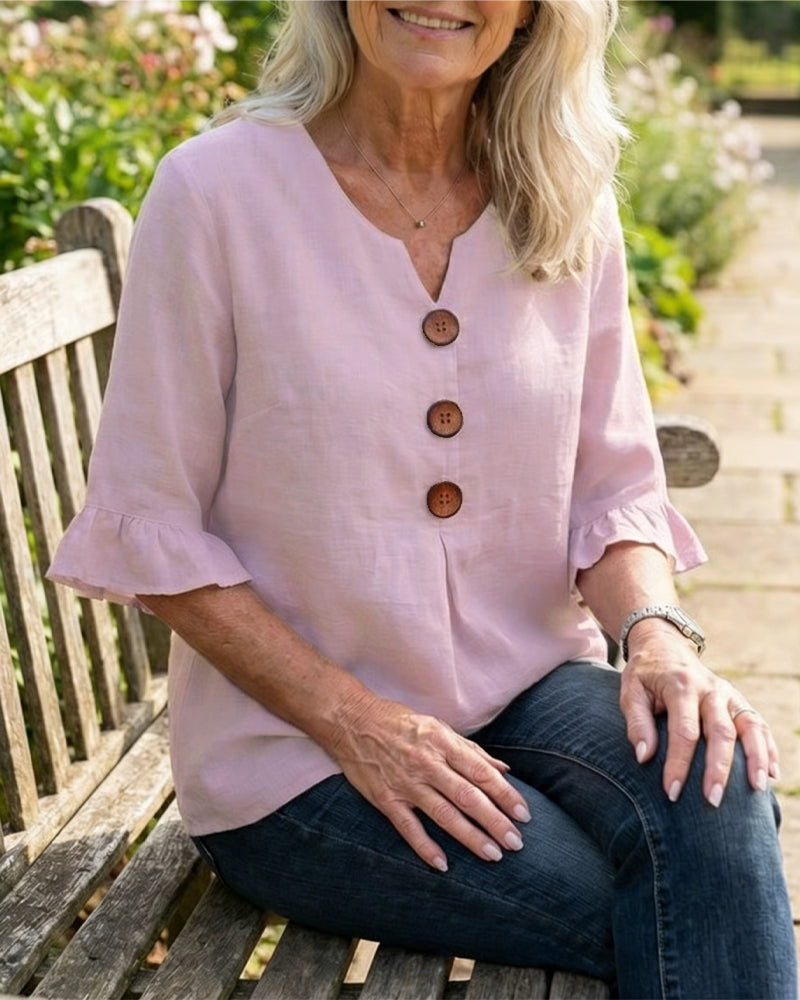 Sophia Solid Cotton-Linen Blouse with Wooden Buttons and Ruffle
