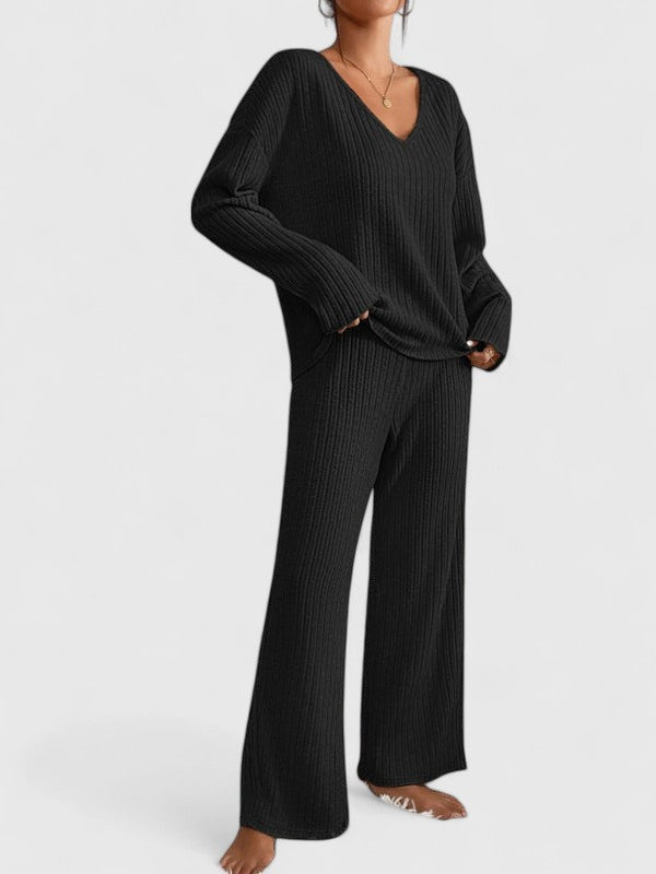 Angeline | V-Neck Sweater and Wide Rib Pants Set