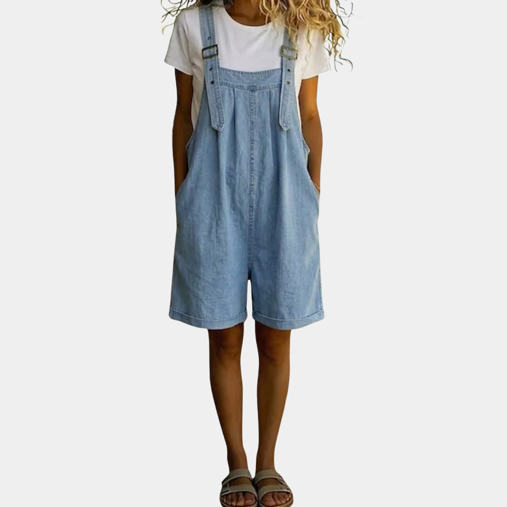 Saylor | Vintage Washed Soft Cotton Feel Denim Short Overall Light blue