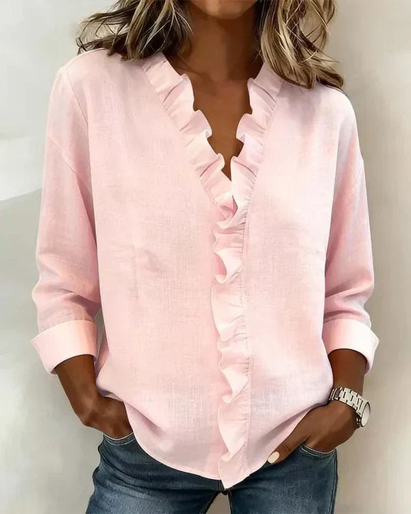 Yvonne | Blouse with Ruffles, V-Neck and Long Sleeves