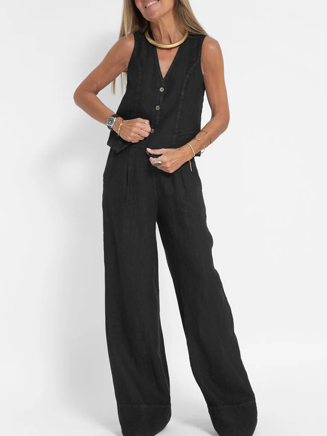 Aira | Buttoned Vest and Wide-Leg Trousers Set