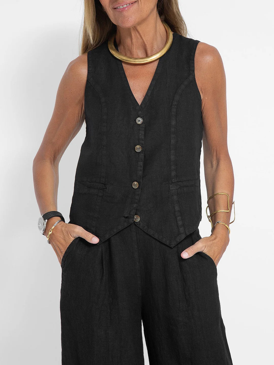 Aira | Buttoned Vest and Wide-Leg Trousers Set