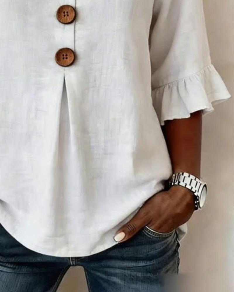 Sophia Solid Cotton-Linen Blouse with Wooden Buttons and Ruffle
