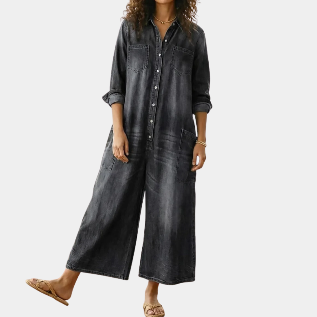 Saylor | Vintage Washed Soft Cotton Denim Jumpsuit with Button Closure