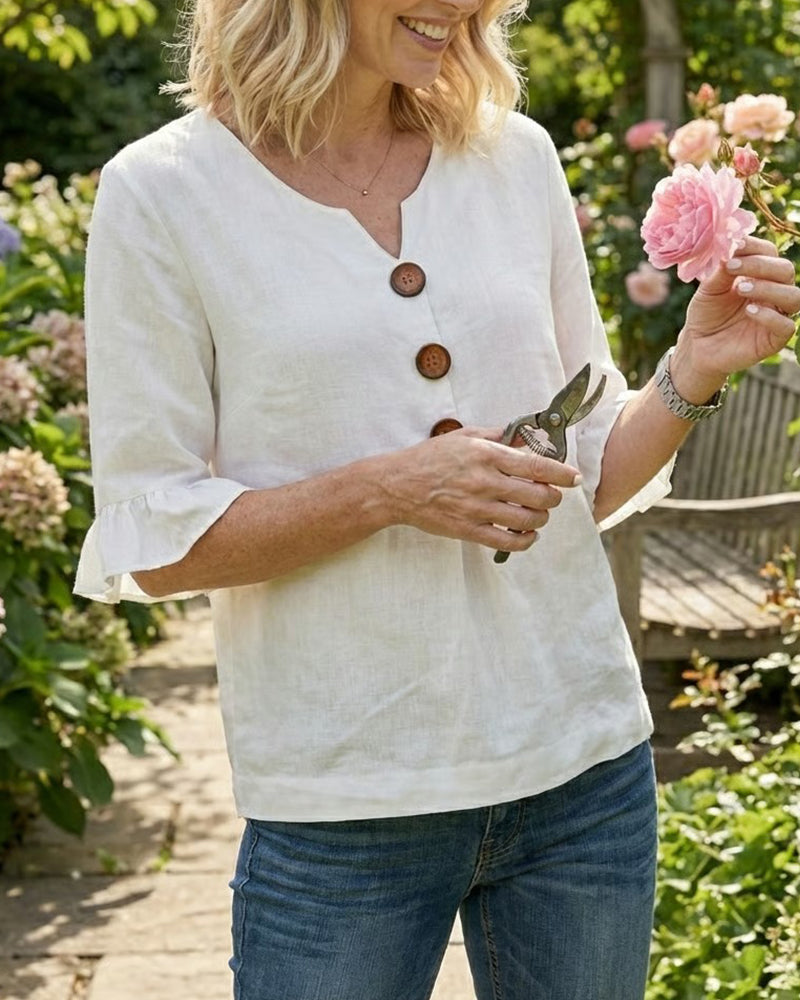 Sophia Solid Cotton-Linen Blouse with Wooden Buttons and Ruffle