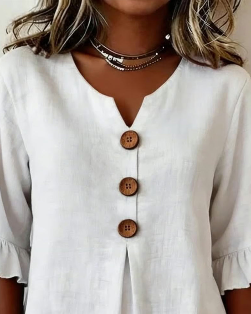 Sophia Solid Cotton-Linen Blouse with Wooden Buttons and Ruffle