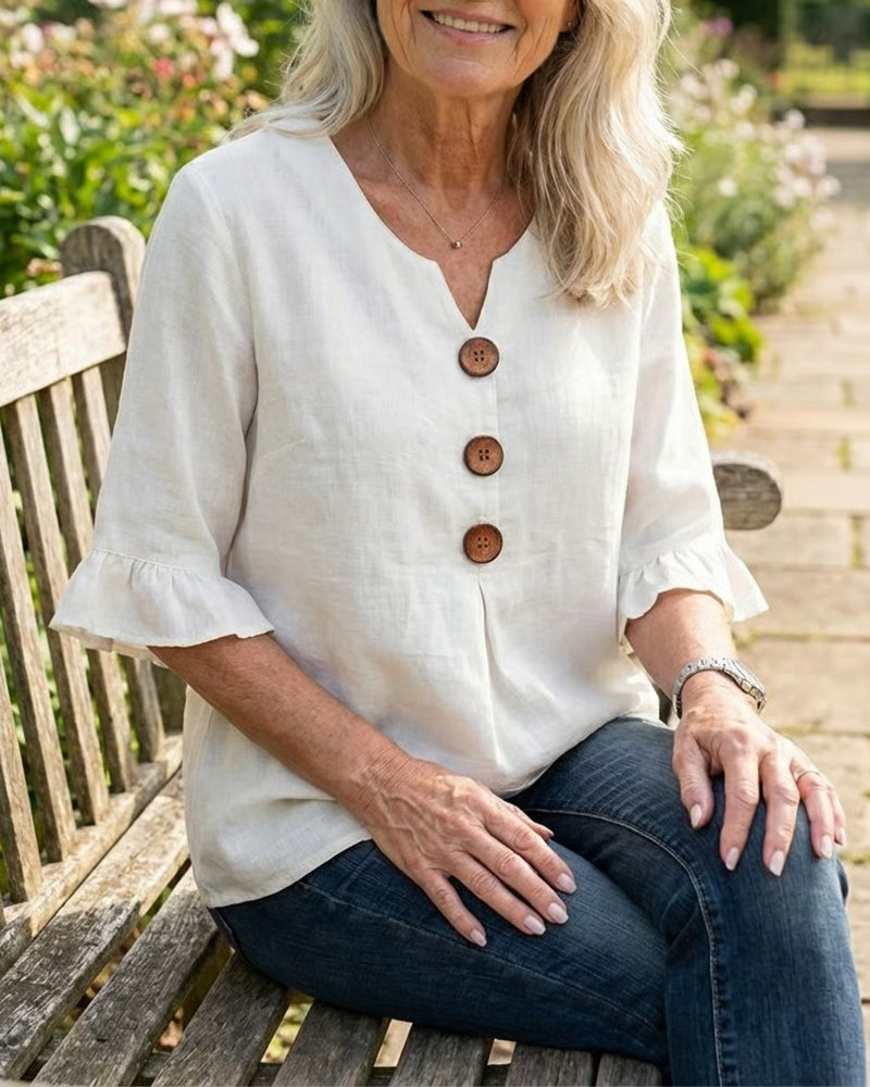 Sophia Solid Cotton-Linen Blouse with Wooden Buttons and Ruffle