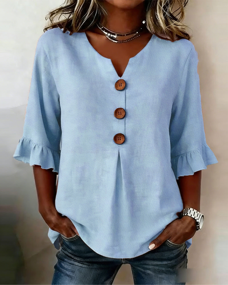 Sophia Solid Cotton-Linen Blouse with Wooden Buttons and Ruffle