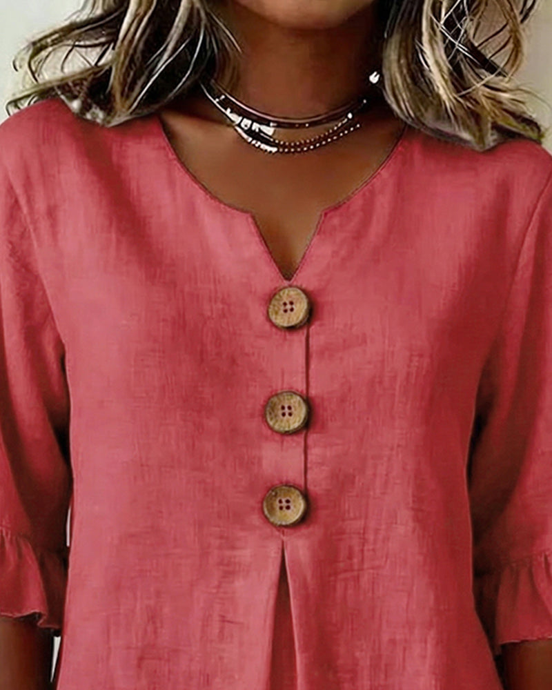 Sophia Solid Cotton-Linen Blouse with Wooden Buttons and Ruffle