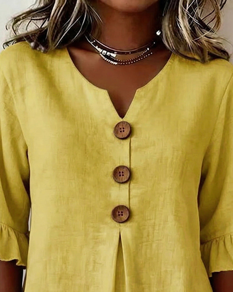 Sophia Solid Cotton-Linen Blouse with Wooden Buttons and Ruffle
