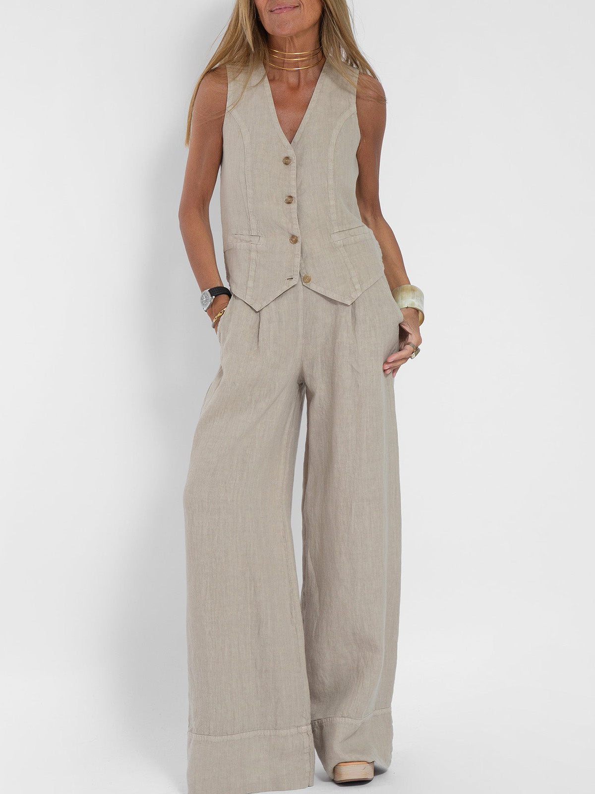 Aira | Buttoned Vest and Wide-Leg Trousers Set