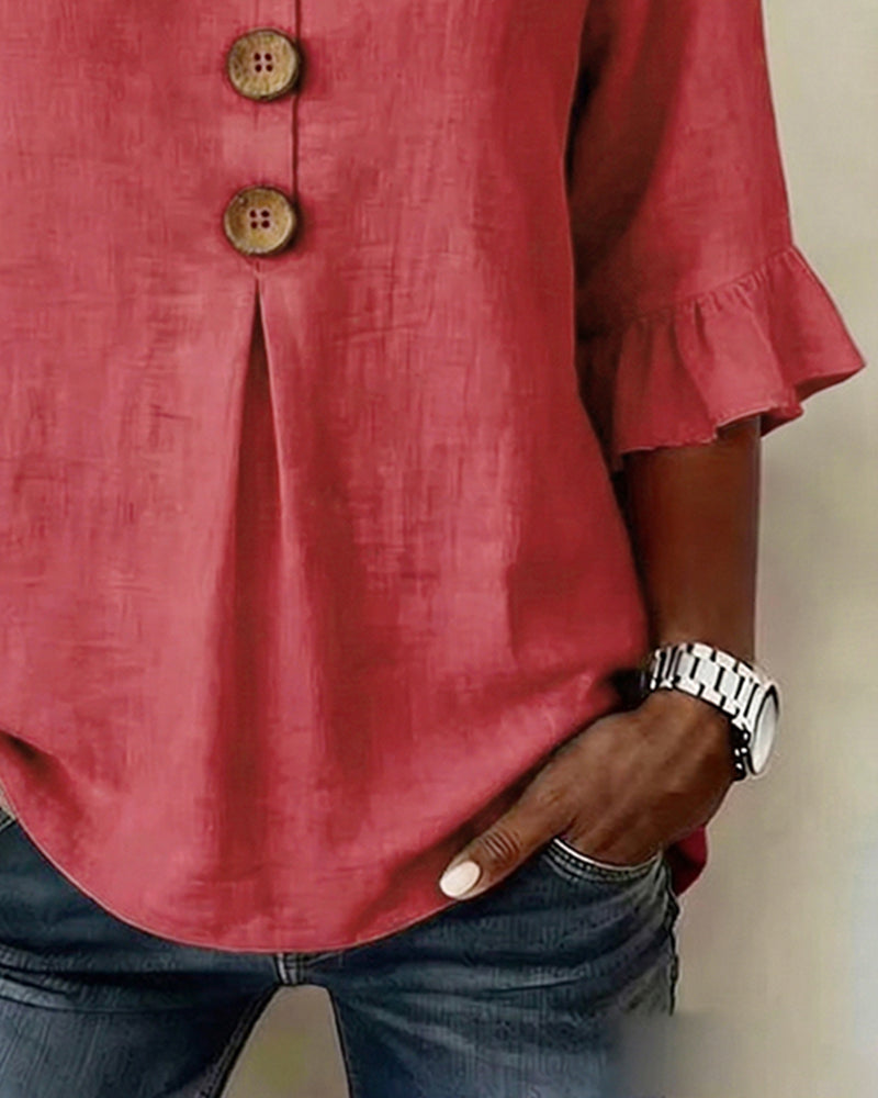 Sophia Solid Cotton-Linen Blouse with Wooden Buttons and Ruffle