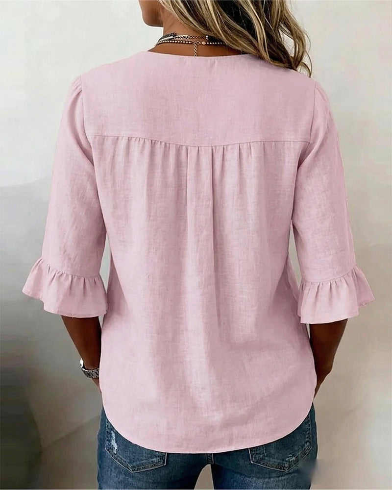 Sophia Solid Cotton-Linen Blouse with Wooden Buttons and Ruffle