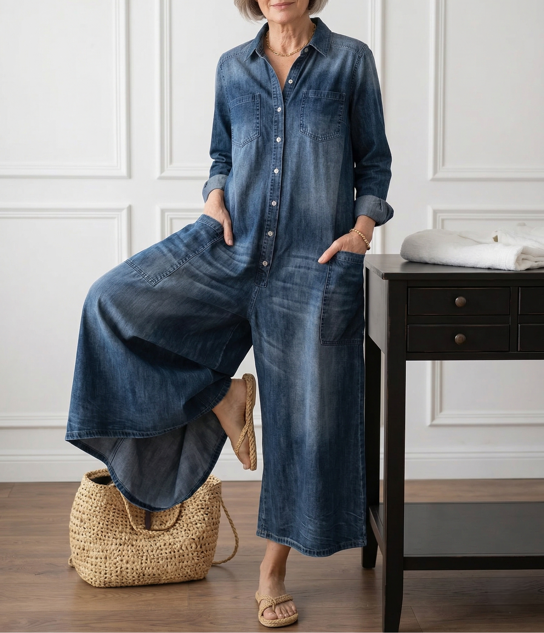 Saylor | Vintage Washed Soft Cotton Denim Jumpsuit with Button Closure
