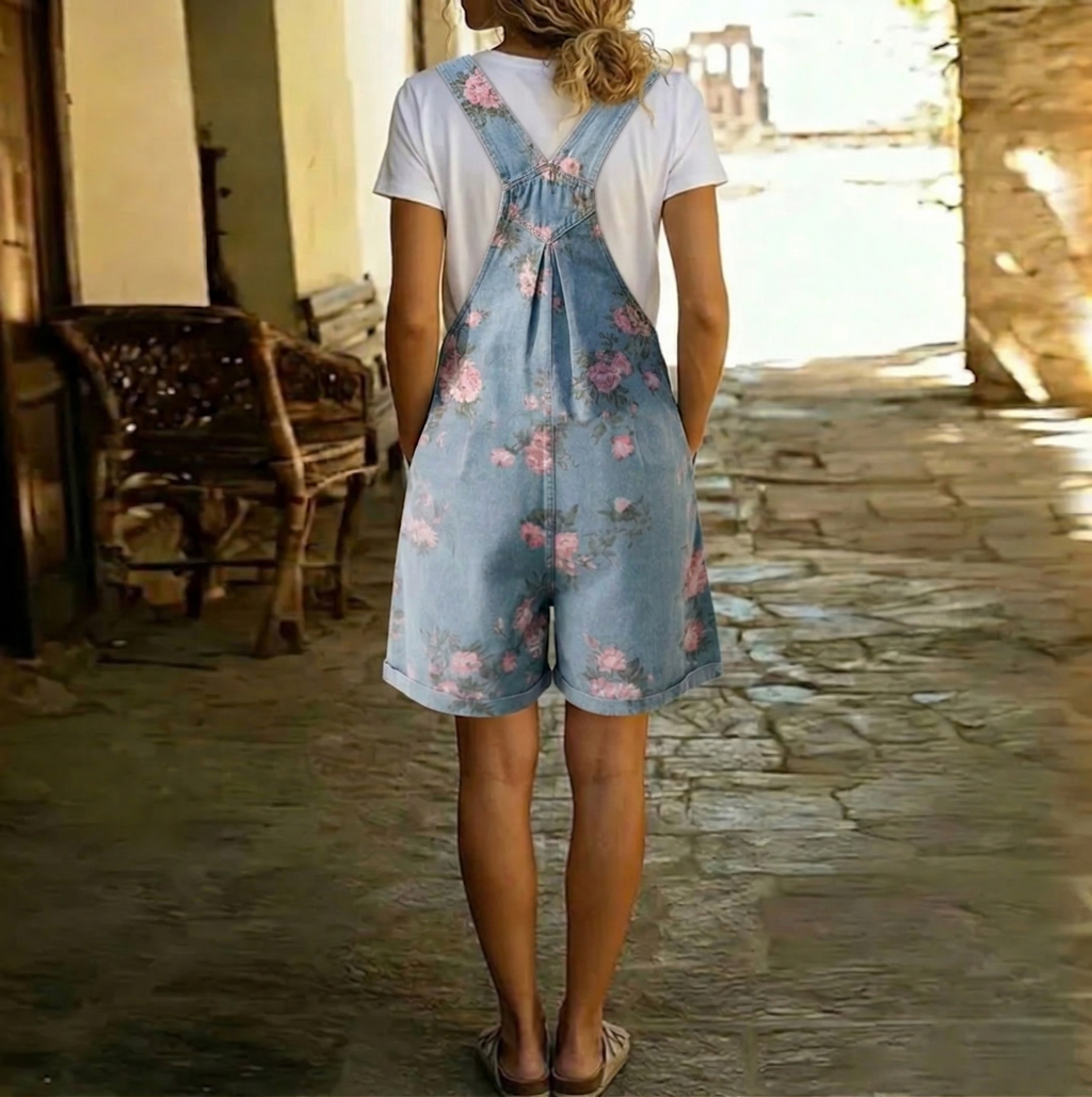 Saylor | Vintage Washed Soft Cotton Feel Denim Floral Jumpsuit