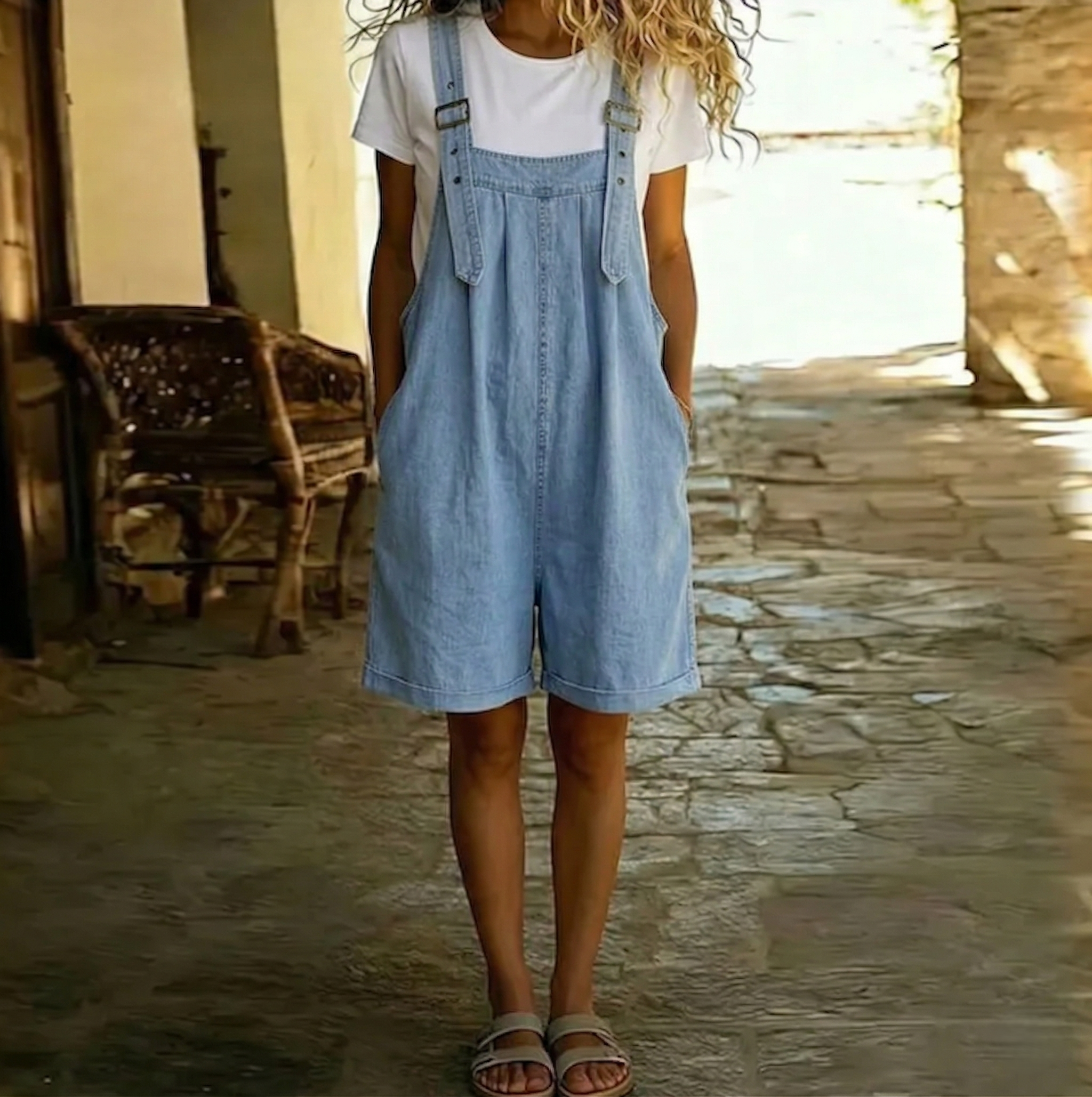 Saylor | Vintage Washed Soft Cotton Feel Denim Short Overall Light blue