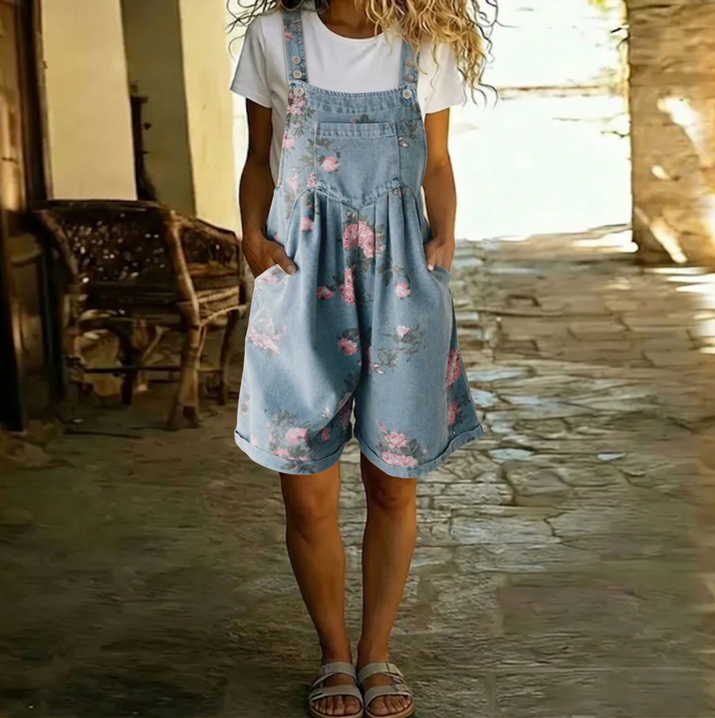 Saylor | Vintage Washed Soft Cotton Feel Denim Floral Jumpsuit