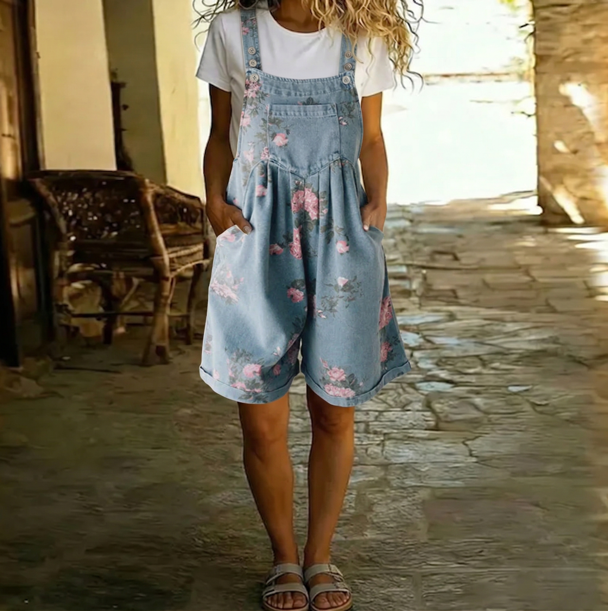 Saylor | Vintage Washed Soft Cotton Feel Denim Floral Jumpsuit