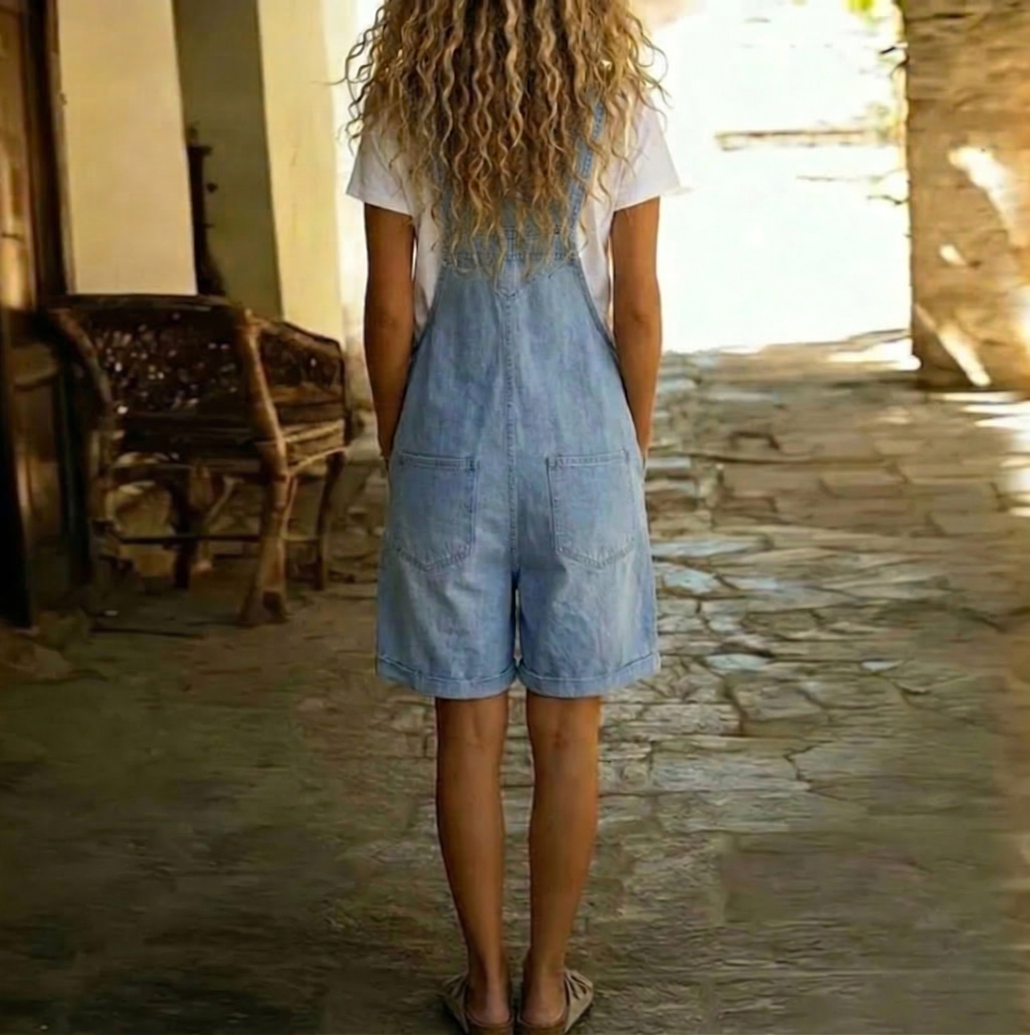 Saylor | Vintage Washed Soft Cotton Feel Denim Short Overall Light blue