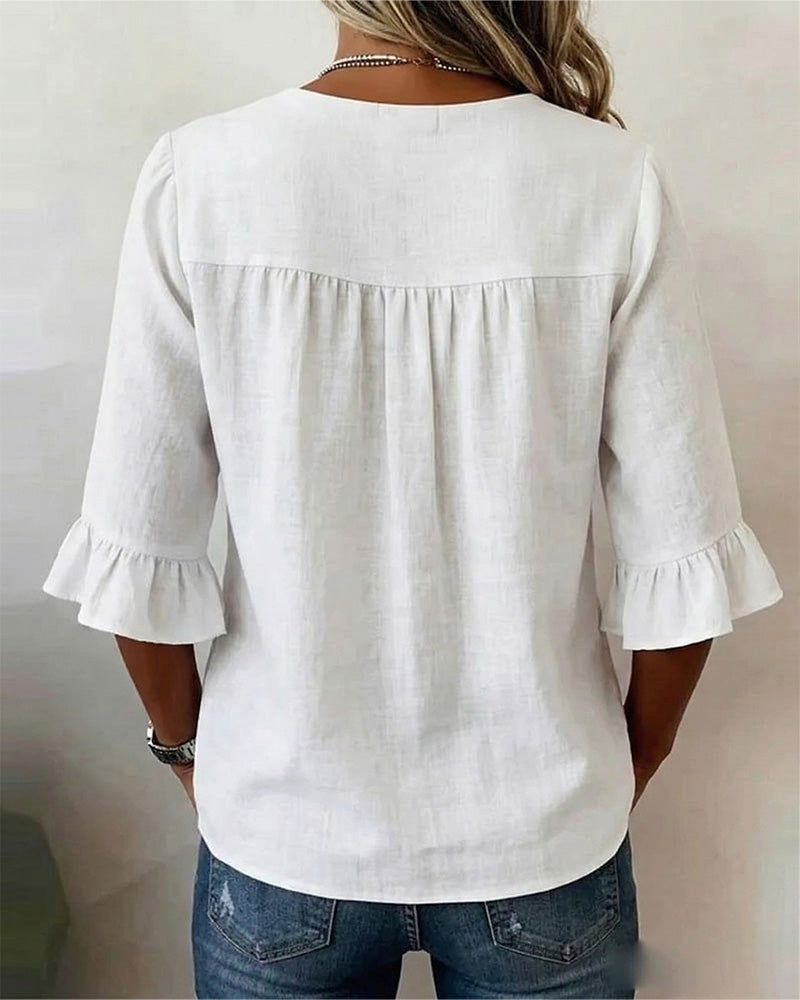 Sophia Solid Cotton-Linen Blouse with Wooden Buttons and Ruffle