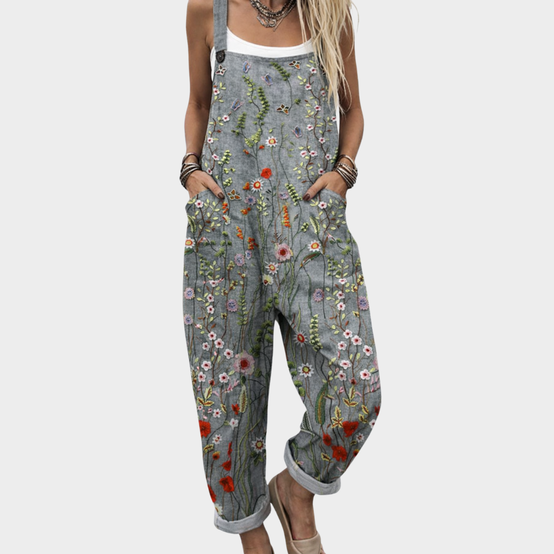 Comfortable Printed Overall | Gray with Flowers