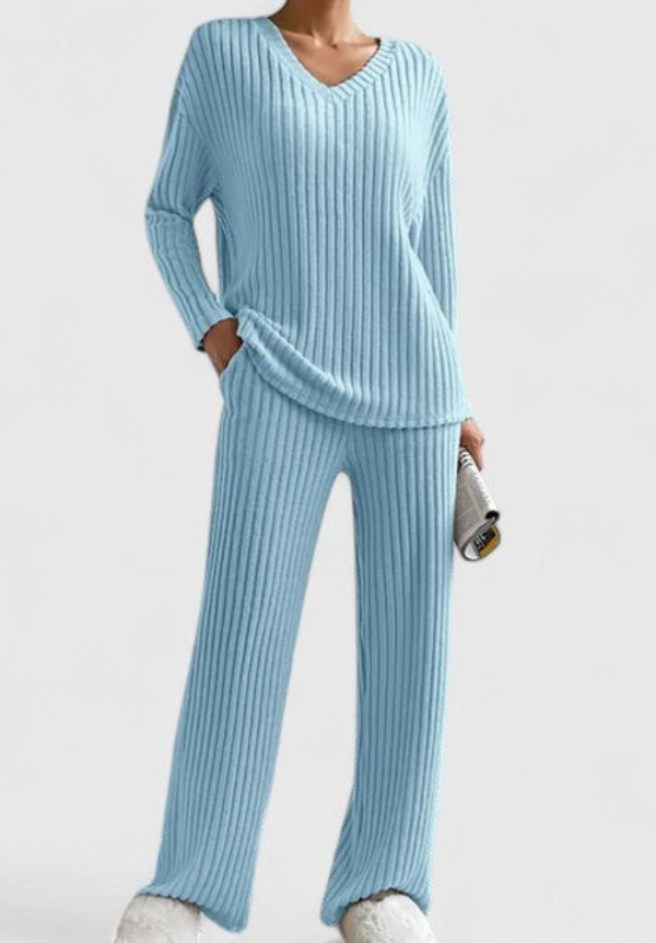 Angeline | V-Neck Sweater and Wide Rib Pants Set