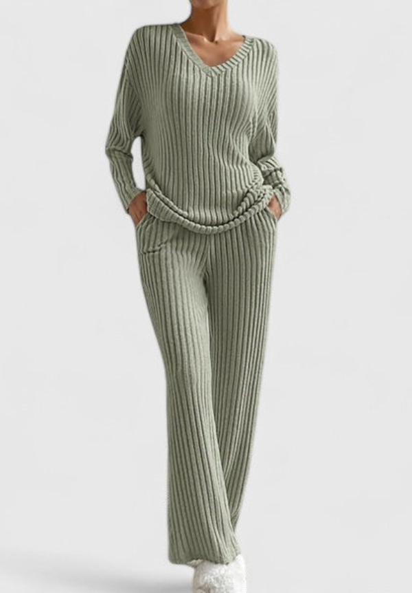 Angeline | V-Neck Sweater and Wide Rib Pants Set