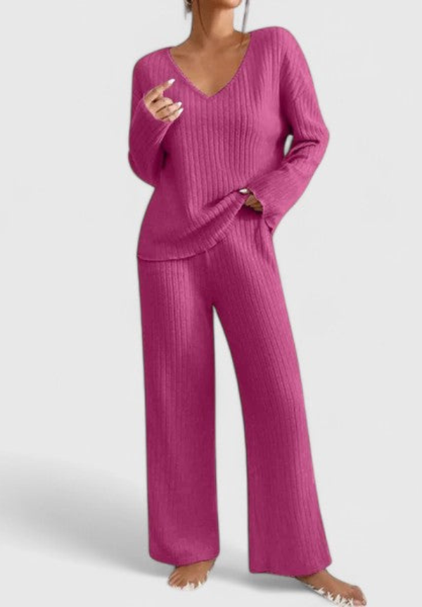 Angeline | V-Neck Sweater and Wide Rib Pants Set