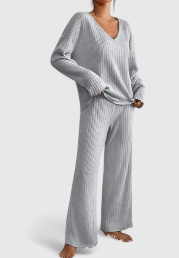 Angeline | V-Neck Sweater and Wide Rib Pants Set