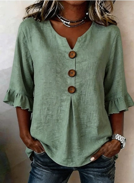 Sophia Solid Cotton-Linen Blouse with Wooden Buttons and Ruffle