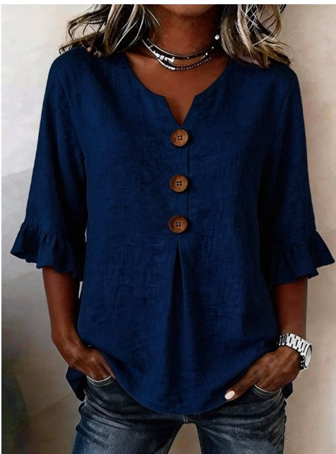 Sophia Solid Cotton-Linen Blouse with Wooden Buttons and Ruffle