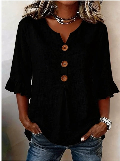 Sophia Solid Cotton-Linen Blouse with Wooden Buttons and Ruffle