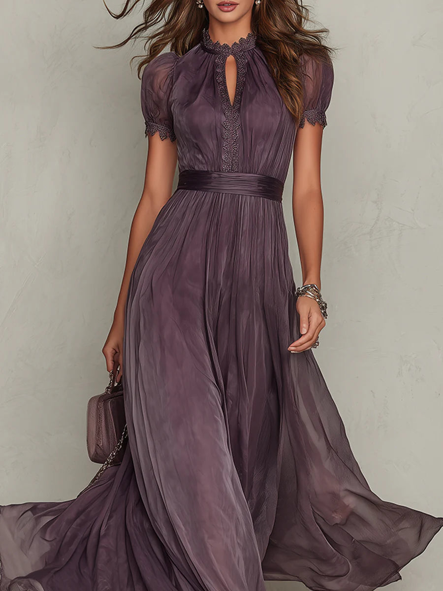 Flavia | Long Dress with Keyhole Neckline and Chiffon Lace Trim