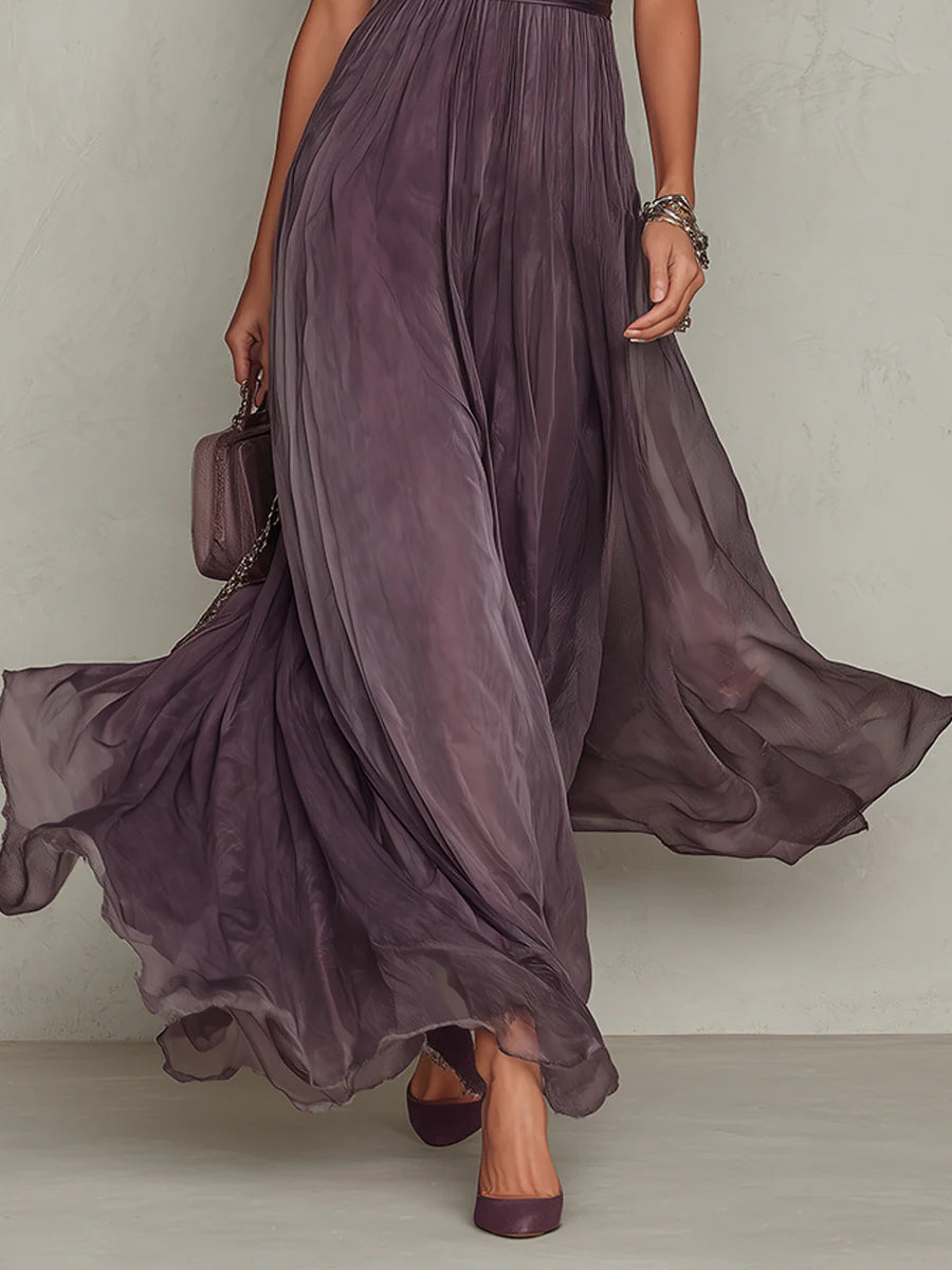 Flavia | Long Dress with Keyhole Neckline and Chiffon Lace Trim
