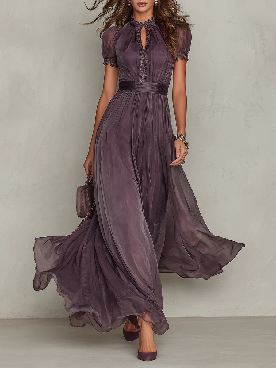 Flavia | Long Dress with Keyhole Neckline and Chiffon Lace Trim