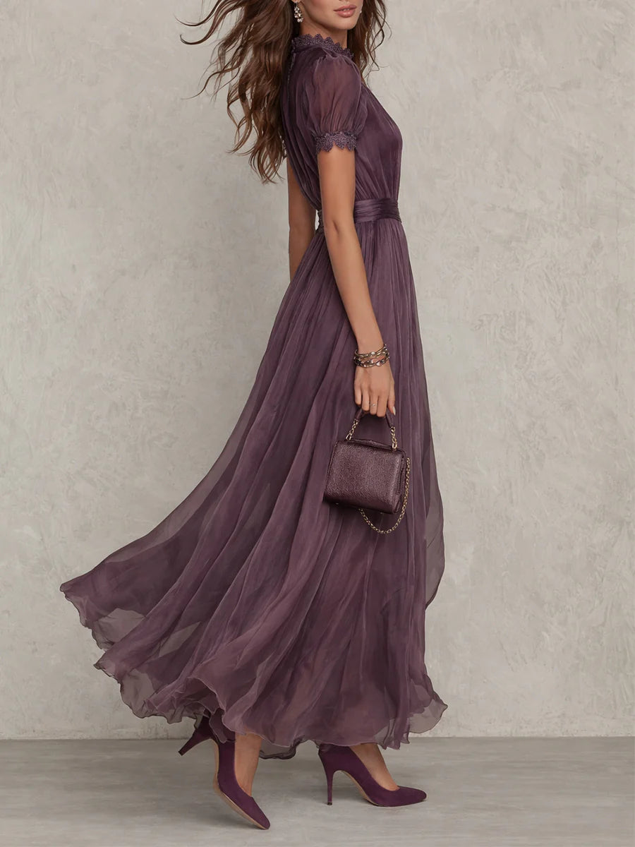 Flavia | Long Dress with Keyhole Neckline and Chiffon Lace Trim