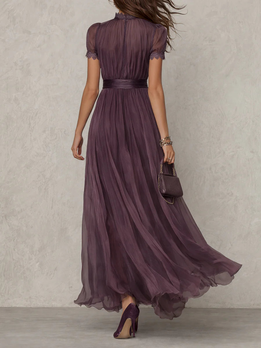 Flavia | Long Dress with Keyhole Neckline and Chiffon Lace Trim
