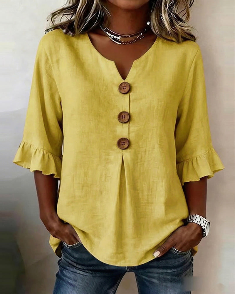 Sophia Solid Cotton-Linen Blouse with Wooden Buttons and Ruffle