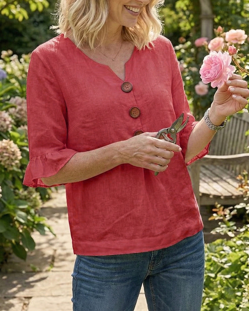 Sophia Solid Cotton-Linen Blouse with Wooden Buttons and Ruffle