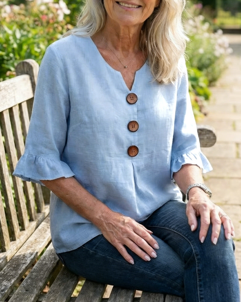 Sophia Solid Cotton-Linen Blouse with Wooden Buttons and Ruffle
