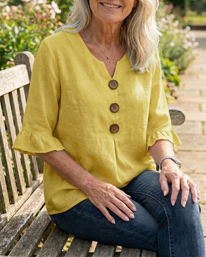 Sophia Solid Cotton-Linen Blouse with Wooden Buttons and Ruffle