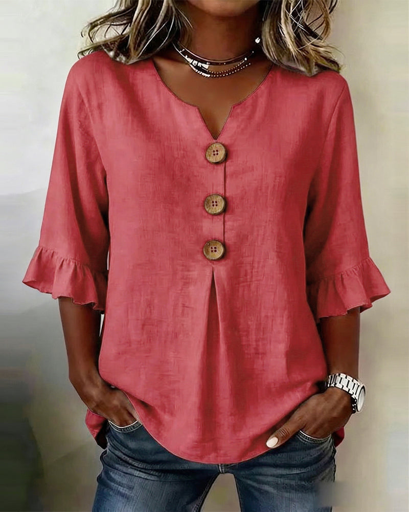 Sophia Solid Cotton-Linen Blouse with Wooden Buttons and Ruffle