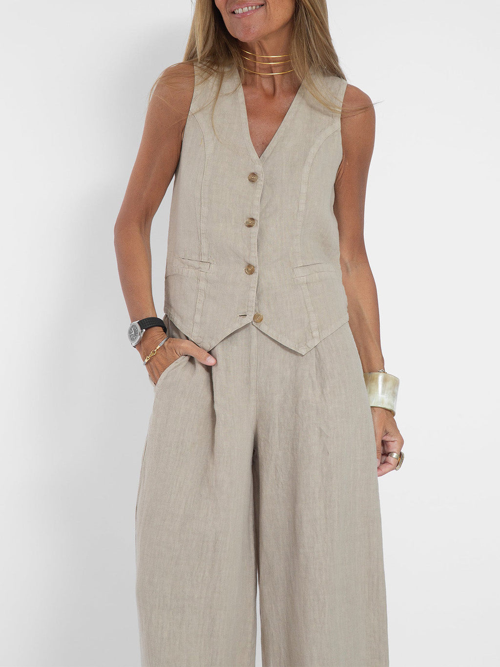 Aira | Buttoned Vest and Wide-Leg Trousers Set