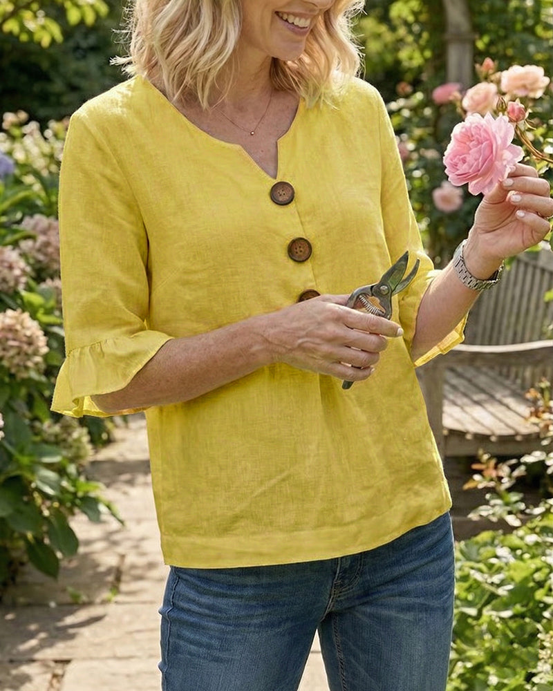 Sophia Solid Cotton-Linen Blouse with Wooden Buttons and Ruffle