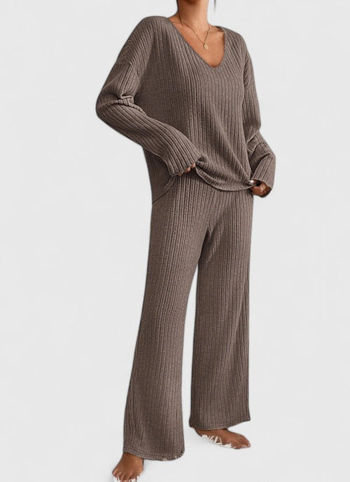 Angeline | V-Neck Sweater and Wide Rib Pants Set