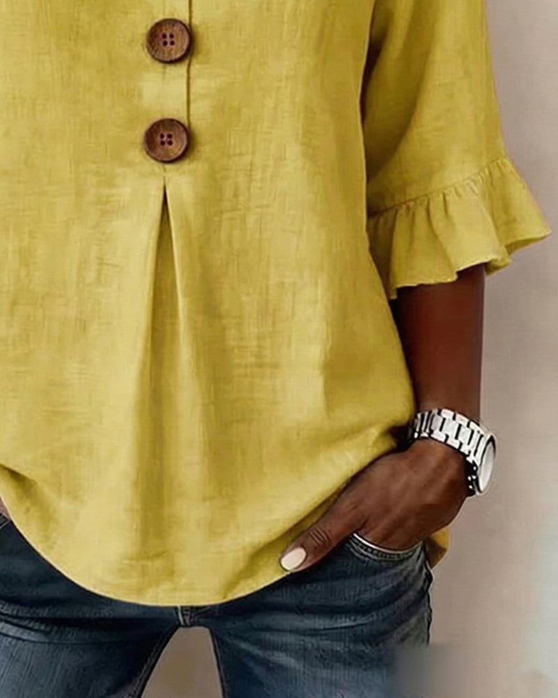 Sophia Solid Cotton-Linen Blouse with Wooden Buttons and Ruffle