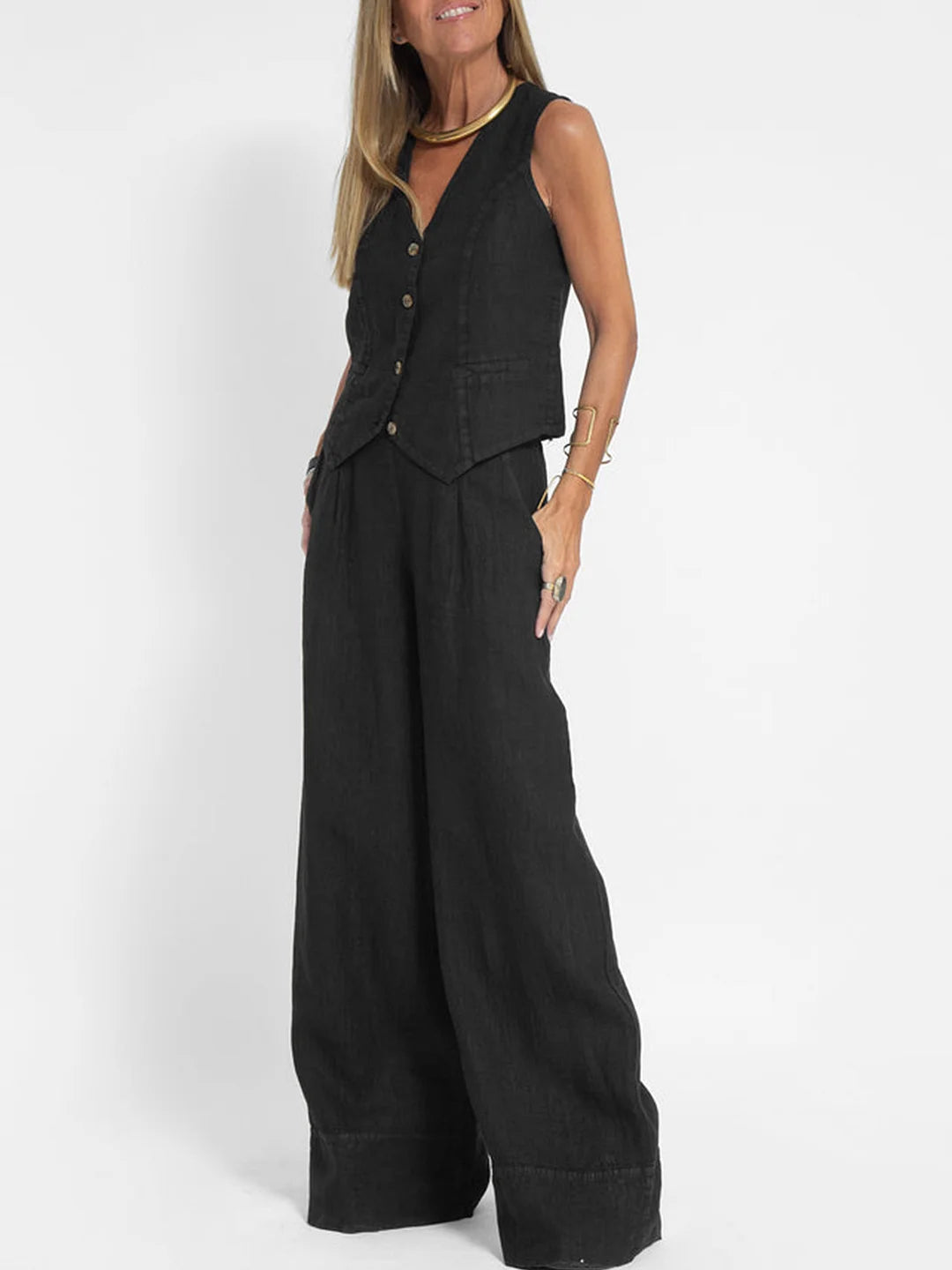 Aira | Buttoned Vest and Wide-Leg Trousers Set