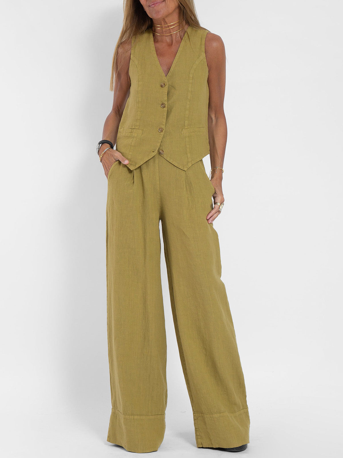 Aira | Buttoned Vest and Wide-Leg Trousers Set